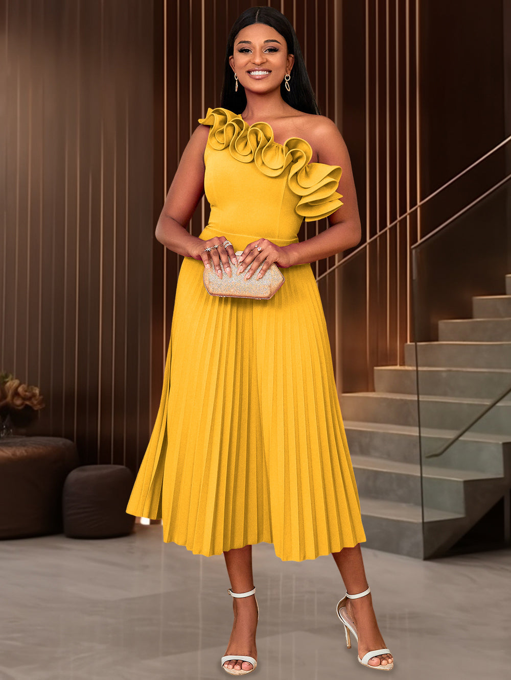 Am030113 one shoulder slanted neck high waistdress party banquet multi-color pleated skirt party dress