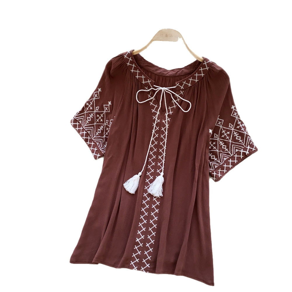 Korean style embroidered breathable ethnic blouse - women's summer short sleeve loose tie-waist top, age-defying commute style