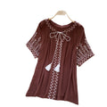 Korean style embroidered breathable ethnic blouse - women's summer short sleeve loose tie-waist top, age-defying commute style