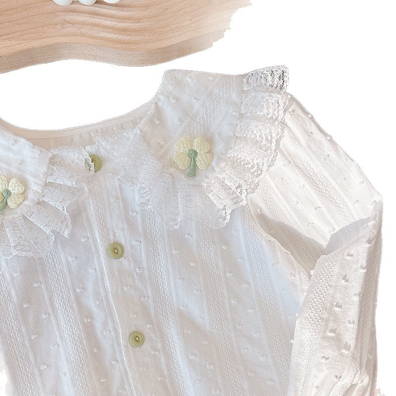 Autumn new arrival: 100% cotton long-sleeve shirt for girls - all-season wear with peter pan collar, lace trim, and clover appliqué