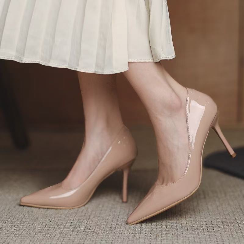 Nude high heels for women 2025 new arrival small fragrant elegant pointed toe hidden heelflats shoes patent leather work flats