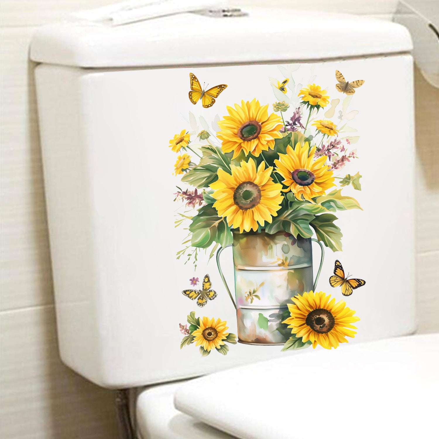 Cross-border  Iron Barrel Flower Pot Sunflower Butterfly Toilet Sticker Arrangement Toilet Bathroom Decoration Wall Sticker