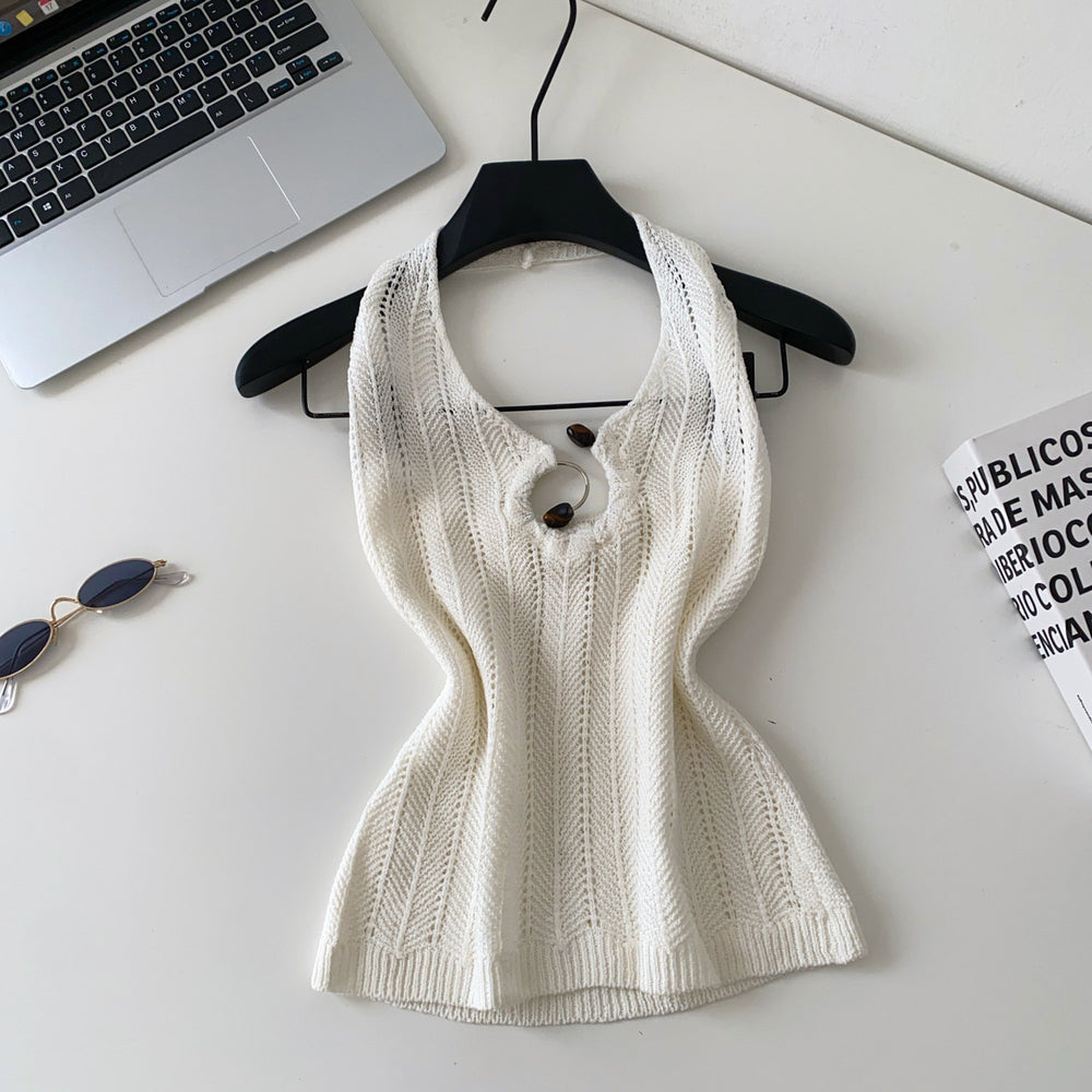 Korean style halter knit cutout camisole - women's summer outerwear, designer cutout slim fit, commute chic top