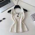 Korean style halter knit cutout camisole - women's summer outerwear, designer cutout slim fit, commute chic top
