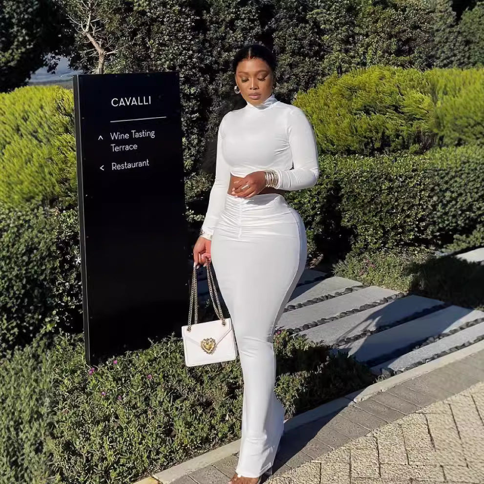 European and american cross-border women's fashion:  autumn new arrivals - solid color stand collar long sleeve top with cinched waist pleated sexy midi skirt