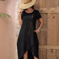 european and american cross-border  independent station new round neck button solid color short sleeve irregular dress