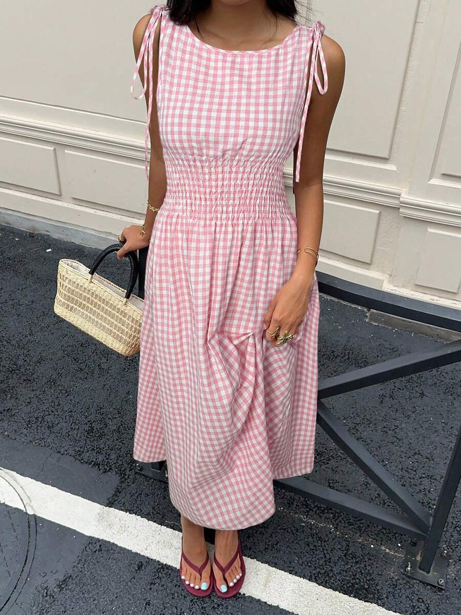 new arrival: cross-border fashion, european & american style, fresh & versatile plaid sleeveless bodycon dress