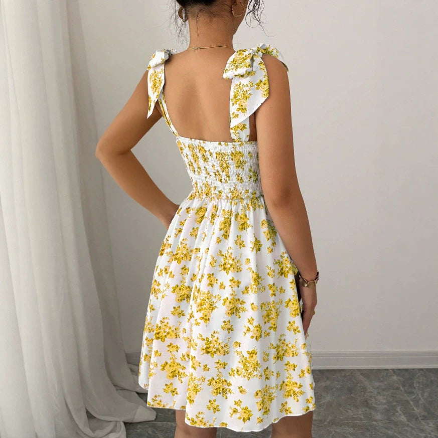 european and american cross-border new arrival: square neck, cinched waist, printed bubble sleeve dress
