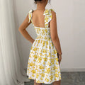 european and american cross-border new arrival: square neck, cinched waist, printed bubble sleeve dress