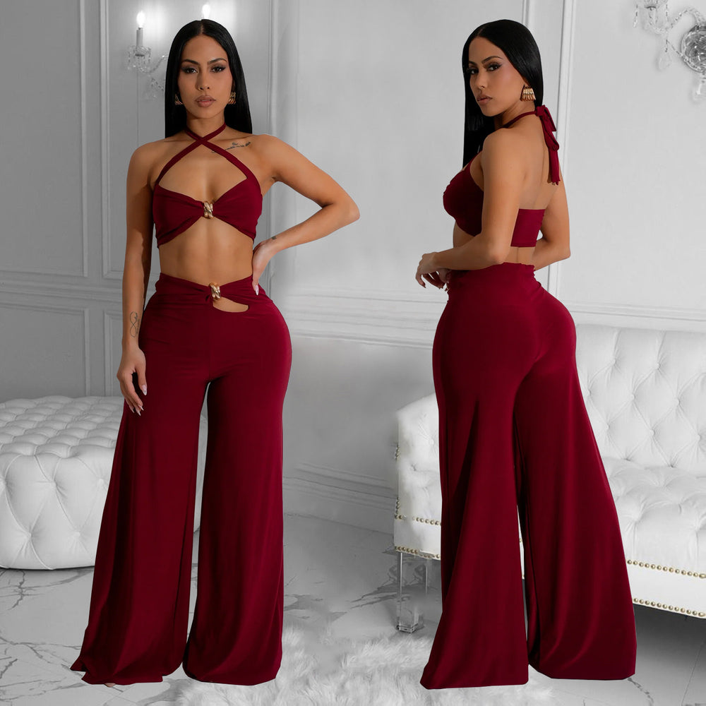 C7236 cross-border   fashion women's solid color sexy bandeau top and pants two-piece set - new arrival