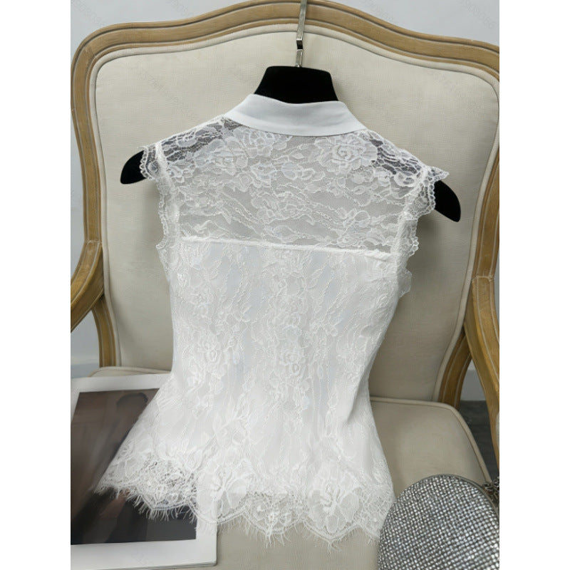 Women's summer new arrival: minimalist elegant solid color lace trim tie-up sleeveless slim-fit fashion tank top