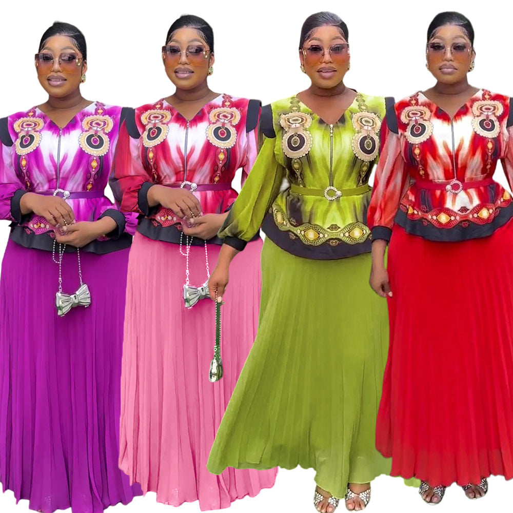 Amazon foreign trade  new fashionable and elegant top and skirt set, loose fit, plus size, slimming two-piece dress