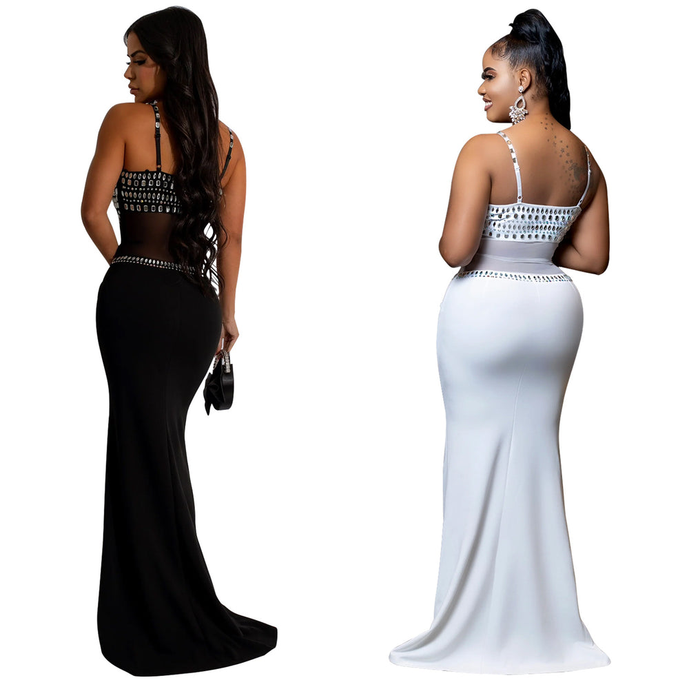C6989 cross-border   independent station fashionable women's hot diamond mesh dress long skirt new