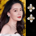 Yellow rhinestone pearl flower stud earrings for women, 2026 new fashion earrings, wholesale summer floral earrings