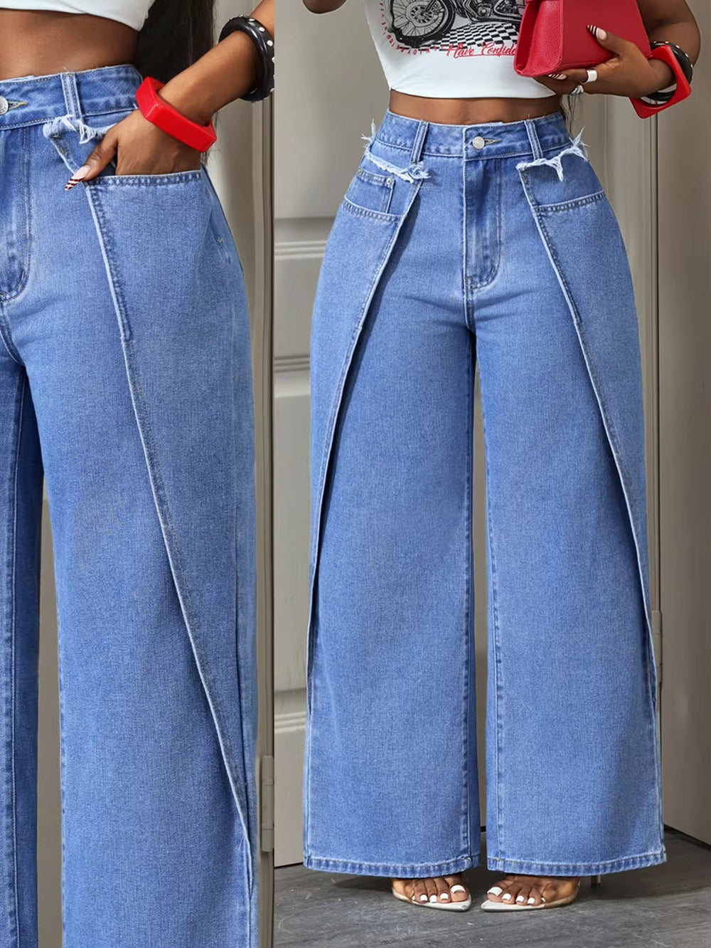 Fashionjeans women's high waist raw edge waist stereo patchwork slit wide leg pants washed loosedrapedpants