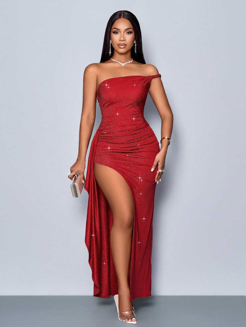 Amazon cross-border asymmetrical strap high-slit ruffle trim sequin maxi dress
