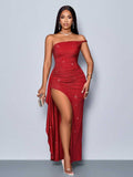 Amazon cross-border asymmetrical strap high-slit ruffle trim sequin maxi dress