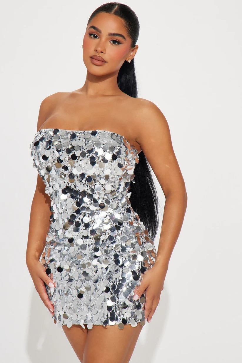 European and american cross-border women's fashion:  autumn hot-selling solid color sleeveless bandeau off-shoulder sexy sequin bodycon dress