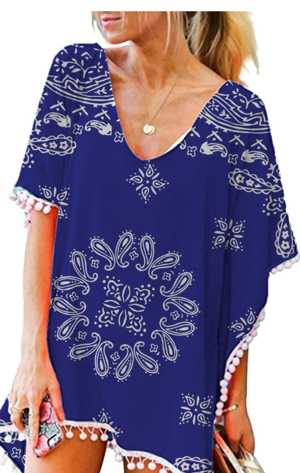 fashionnew arrivalprinting tassel small white ball chiffon beach skirt blouse ready-made trendy brand