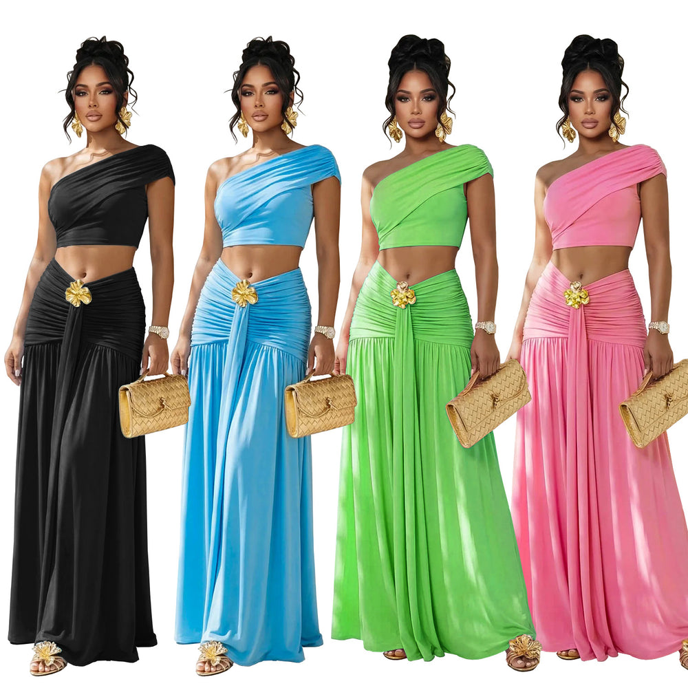 C7675 cross-border   fashion women's sexy one-shoulder cropped top and midi skirt set