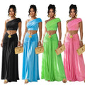 C7675 cross-border   fashion women's sexy one-shoulder cropped top and midi skirt set