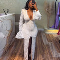 European and american cross-border women's fashion:  summer new arrival - elegant v-neck lace slim-fit flared sleeve slit maxi dress