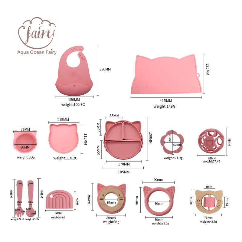 Cross-border food-grade baby silicone saliva pocket cartoon cat shape silicone bowl three-grid plate grid feeding set
