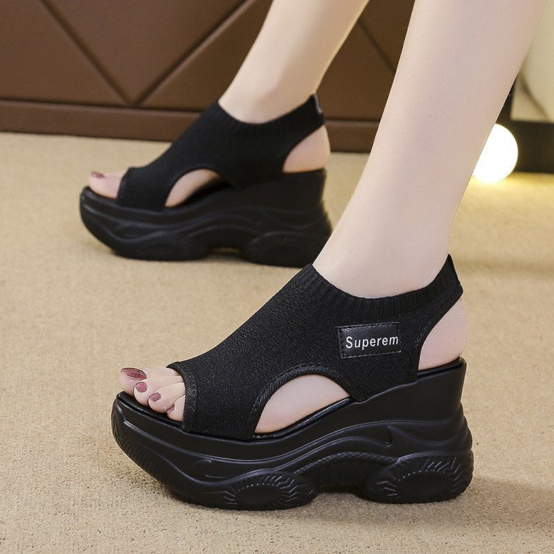 Popular summer new knitted fish mouth shoes fairy style muffin bottom high heel flying woven wedge heel thick sole sports women's sandals