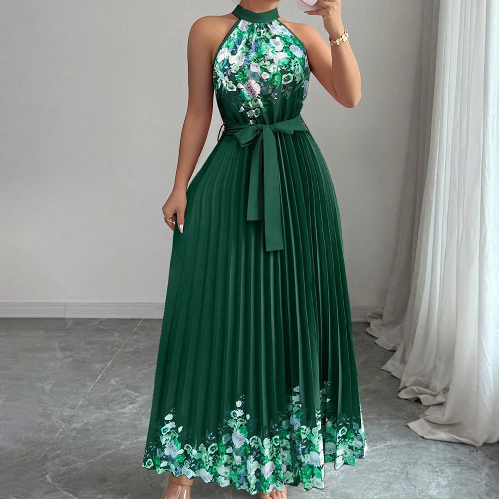 European and american cross-border women's summer  elegant halter neck tie waist floral print pleated maxi swing dress
