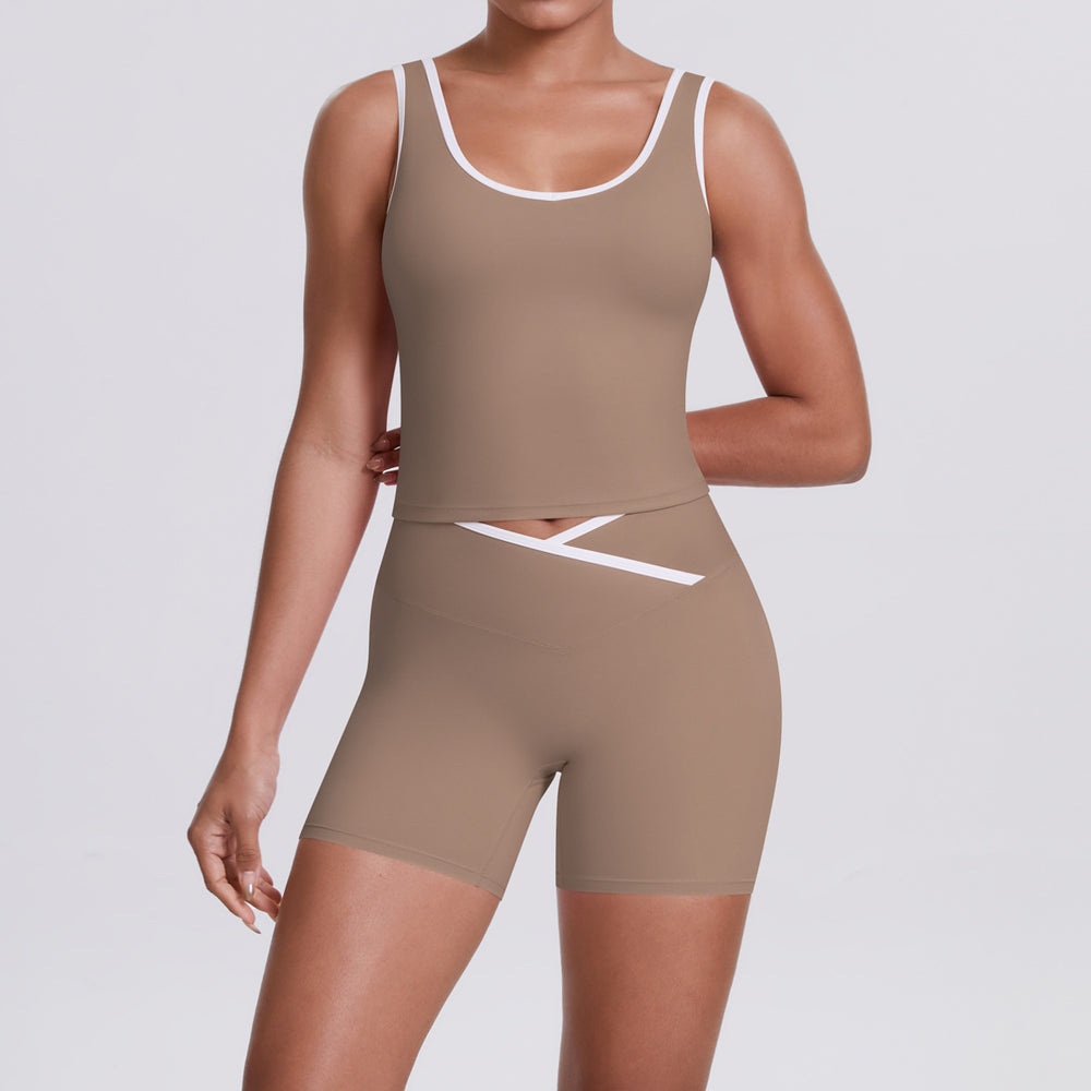 new arrival: double-sided brushed fleece color block compression yoga set - breathable, cross-back design, perfect for running and fitness (two-piece set)