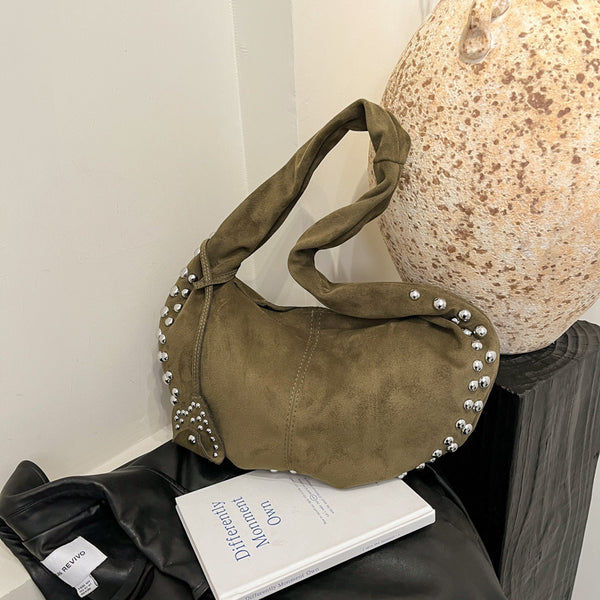 2025 autumn and winter new deerskin velvet women's bag single shoulder diagonal hanging rivets matte crescent armpit casual tote handbag