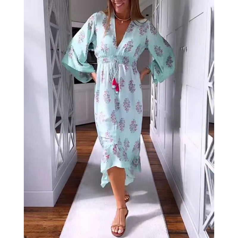 new european and american style women's casual printed v-neck long sleeve dress for cross-border e-commerce
