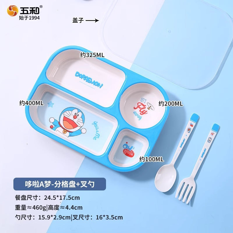 Bento bowl grid plate household eating plate primary school student lunch box tableware children's lunch box with sealing lid with fork and spoon