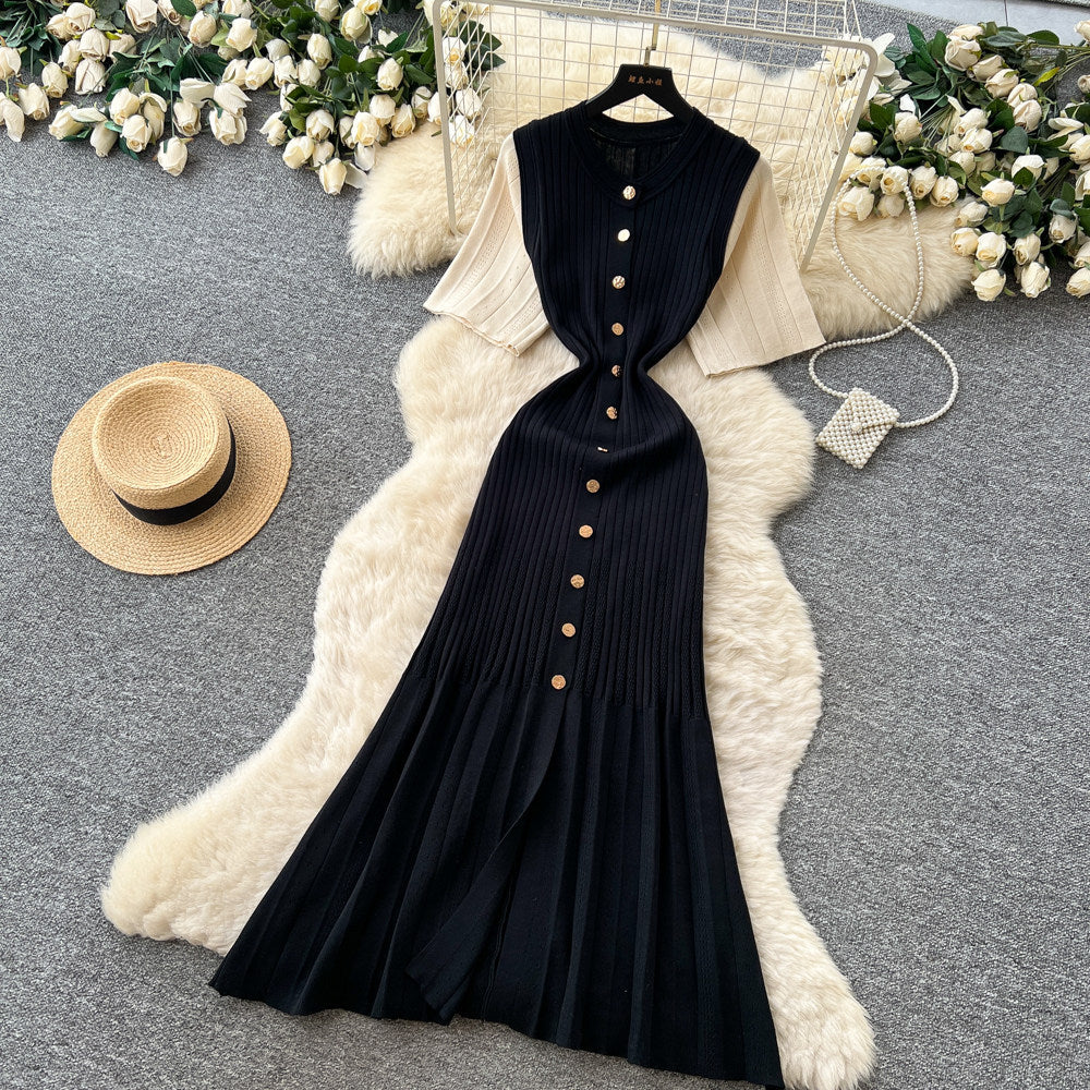 Korean style commute hollow-out green a-line dress - women's summer short sleeve high-waisted button-down elegant knit dress