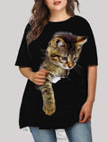 cross-border   plus size women's cute cat 3d digital print short sleeve loose crew neck t-shirt