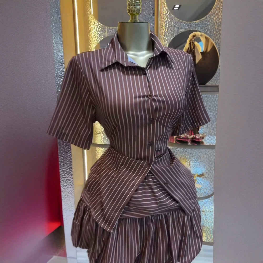 European and american cross-border women's fashion:  summer new collection - striped turn-down collar short-sleeve blouse and tulip skirt set
