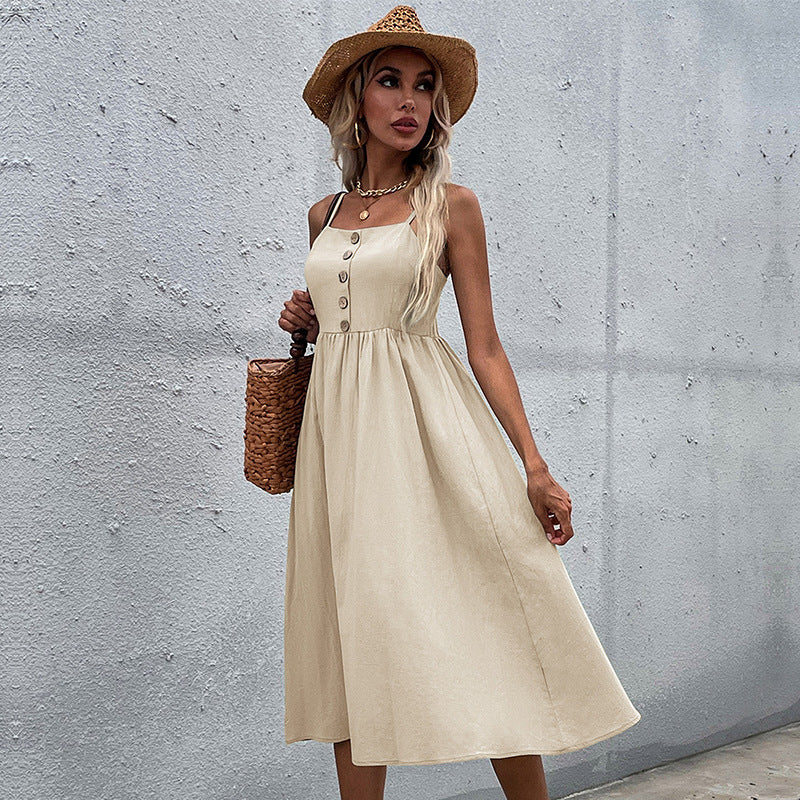 Spot   independent station women's clothing summer new European and American suspender skirt slim-fitting solid color cotton and linen dress