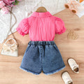 girls' outfit: heart-shaped rhinestone bubble sleeve top + denim shorts - kids' summer two-piece set