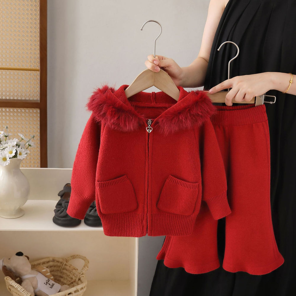Kidssweaterfall and winter large fur collar hooded knittingcardigancasual lazy style pure color double flap pocket pantsloosesuit