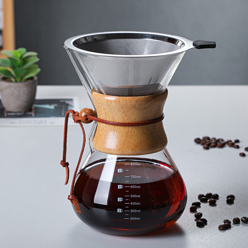 Wood chip hand-brewed coffee pot, high borosilicate glass coffee sharing pot, coffee filter cup, outdoor hand-brewed pot, chemex pot