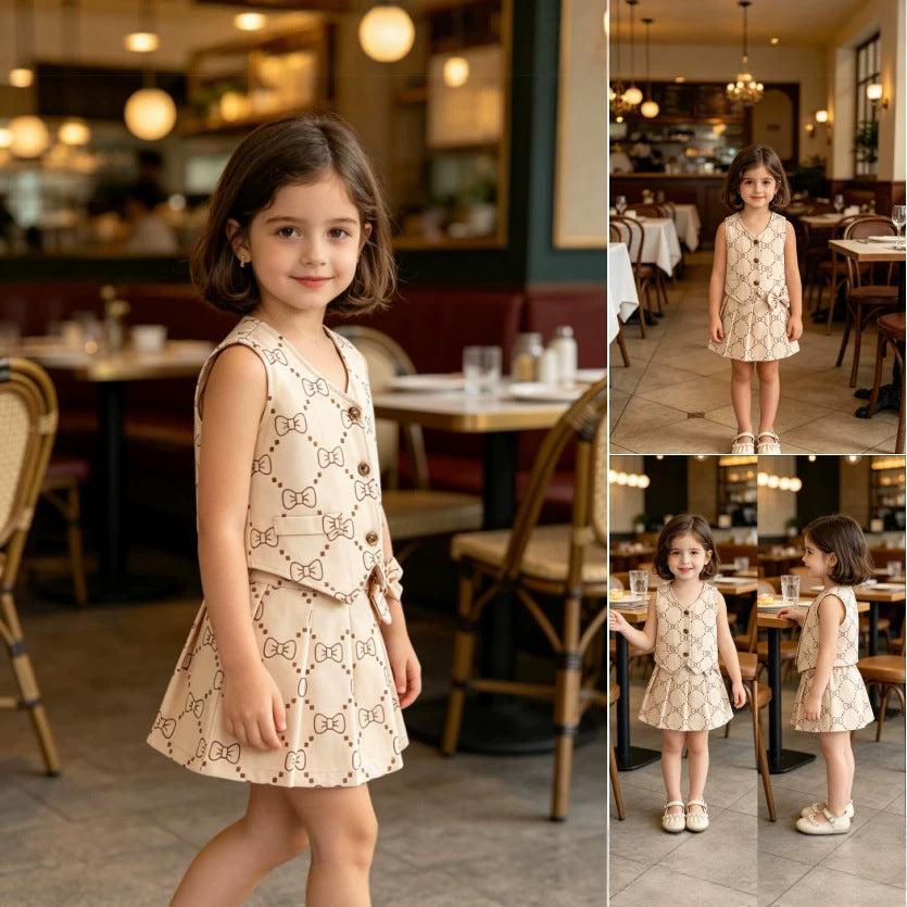 new girls' retro bowknot all-over print vest and pleated skirt two-piece set
