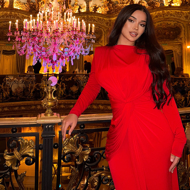 Fashion style cross-border pure color pleated silm curve slimming look hip skirt round neck long sleeves elegant women's tight dress