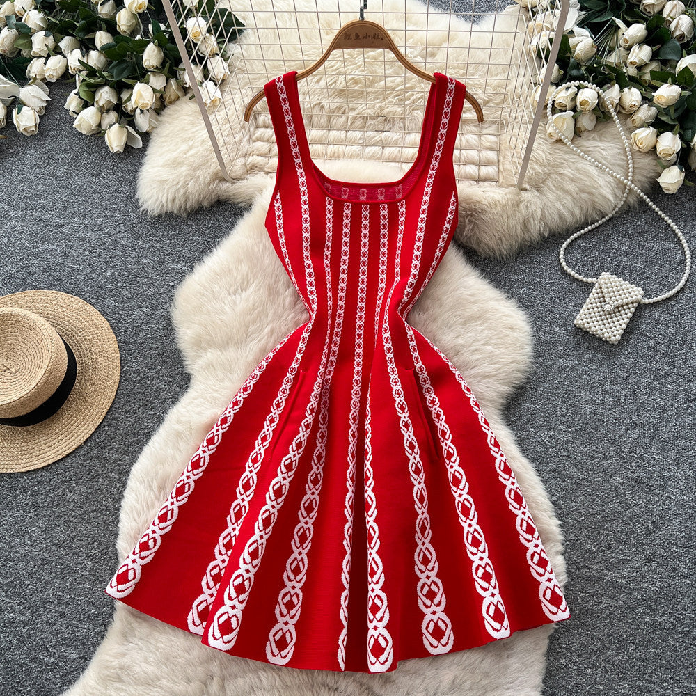 Export french jacquard sleeveless elegantknittingdress women's summer work clothing waist a-line knitting short skirt with flap pocket pants