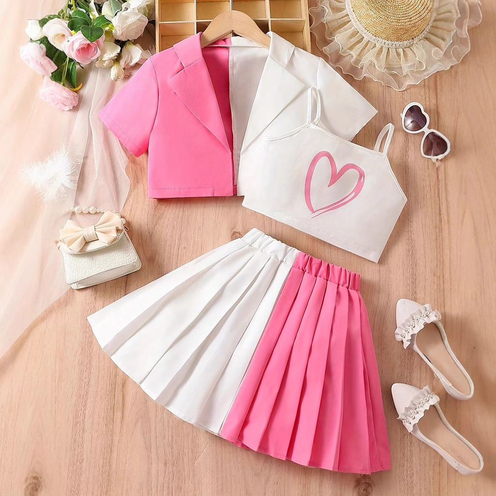 European and american style cross-border girls' color block jacket + camisole top + pleated a-line skirt three-piece set for older girls