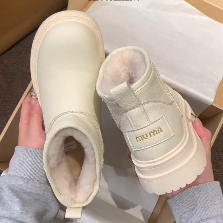 Bread snow boots for women winter2026new arrivalfleece-linedthickened leather short boots thick sole cotton boots waterproof cotton shoes