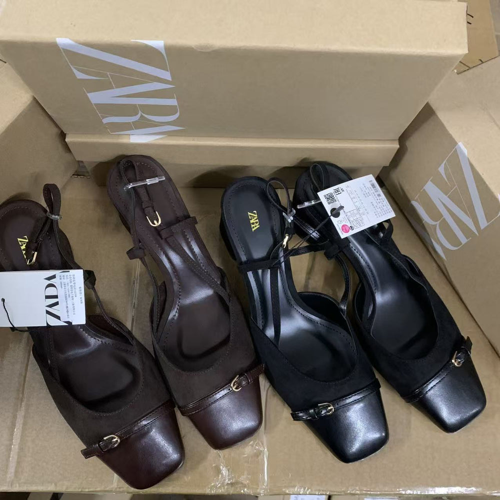 Za2025 spring/summer new women's shoes - black square toe open heel chunky heel high heel sandals with side cutout and single strap buckle
