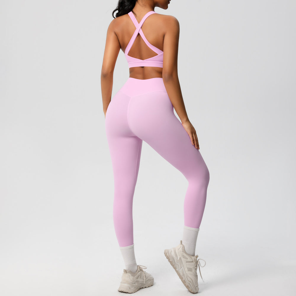 fashionpure color double-sided brushed back cross sports intimates yoga suit running fitness two-piece set