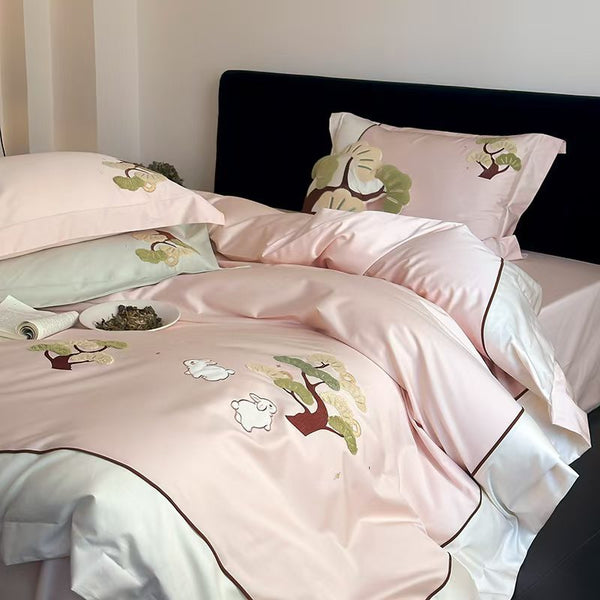 Small fresh 100s long-staple cotton four-piece set cotton embroidered quilt cover pure cotton sleeping sheets bedding kit