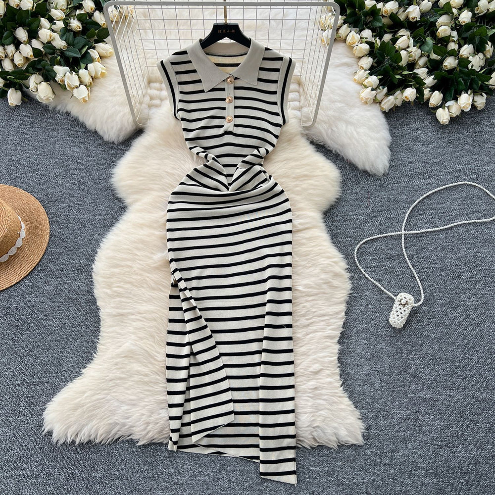 Korean chic niche retro polo collar sleeveless color block striped slit irregular knit dress