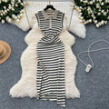 Korean chic niche retro polo collar sleeveless color block striped slit irregular knit dress